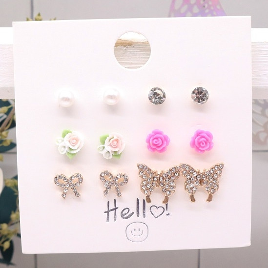 6 Pair Butterfly & Flower Stud Earrings Set .68 each set