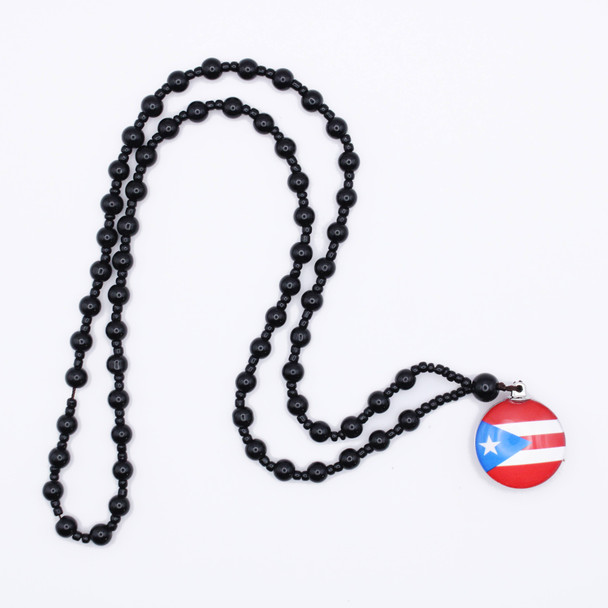 Puerto Rico Flag Pendant Black Glass Beaded Necklace .68 each