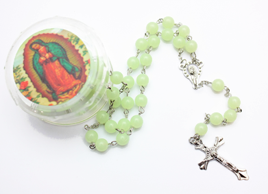 36" Glow in Dark Guadalupe Rosary in Round box .68 each