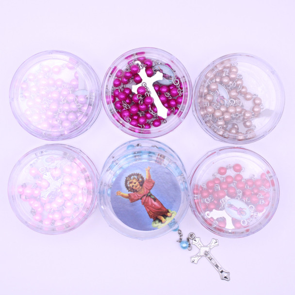 36" Mix Color Pearl  Rosary w/ Silver Cross w/ Baby JESUS in Keepsake Box .68 each