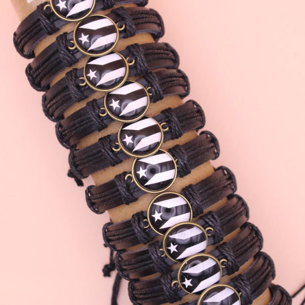 Puerto Rico Black & White Flag Pendant Leather Bracelet .68 each