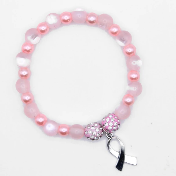 Pink Awareness Ribbon Stretch Bracelet with Pearl & Rhinestone Beads .68 each