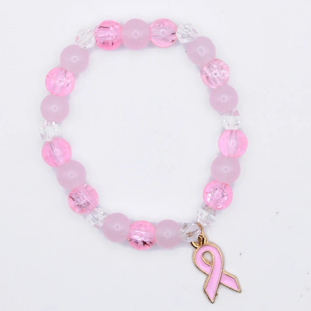 Pink Ribbon Stretch Bracelet with Crystal & Matte Beads .68 each