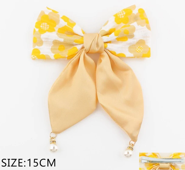 5.9" Pastel Floral Satin & Sheer Ribbon Bow with Pearl Drop Tails .68 each