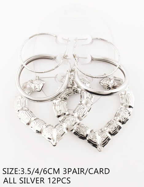 2.3" 3 Pair Silver Statement Heart Bamboo Hoop Earrings Set .68 each set
