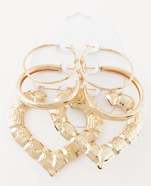 2.3" 3 Pair Gold Statement Heart Bamboo Hoop Earrings Set .68 each set