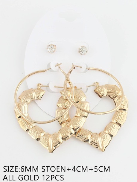 2.3" 3 Pair Gold Statement Heart Bamboo Hoop Earrings Set .68 each set