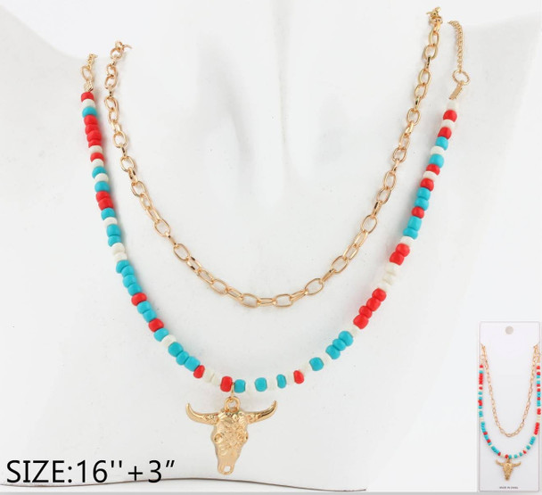 Layered Beaded Chain Necklace with Bull Head Pendant .68 each