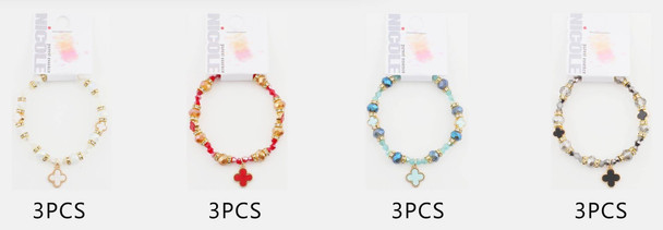 Beaded Stretch Bracelet with Faceted Glass Beads & Quatrefoil Charm .68 each