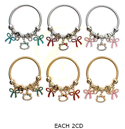 Kids Spring Style Bow, Lock & Cat Charms Bangle Bracelet .68 each
