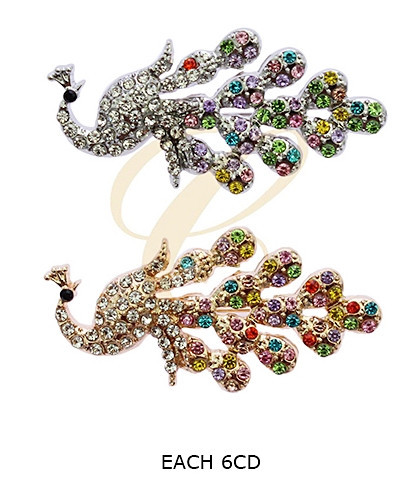 2" Gold & Silver Crystal Multicolor Stone Peacock Brooch .68 each