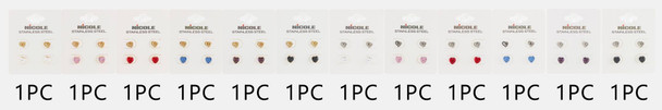 Stainless Steel Double Stud Earrings Set w/ Rhinestone Stud & Heart Design .68 each set