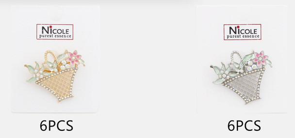 Crystal Floral Basket Brooch Pin Gold & Silver .68 each