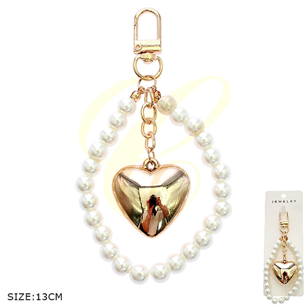 5.1" Pearl Bead Heart Keychain/ Bag Charm with Gold Silver Heart & Bow .68 each