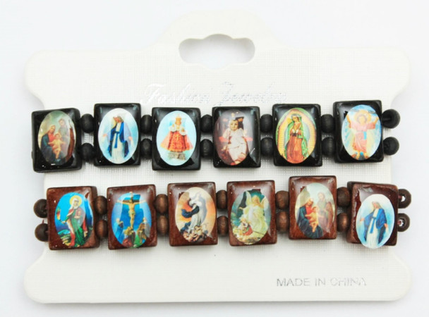2 Pack Wood Stretch Bracelet w/ Religious Saint Pictures Natural Colors .68 ea set