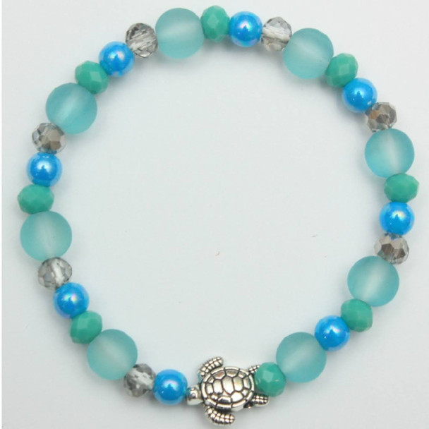 Aqua Blue Beaded Stretch Bracelets w/ Silver Turtle Charm .68 each