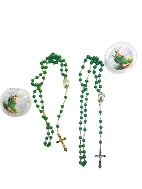 36" Green Wood Bead Rosary w/ Cross in Saint Jude Keepsake Box .68 each
