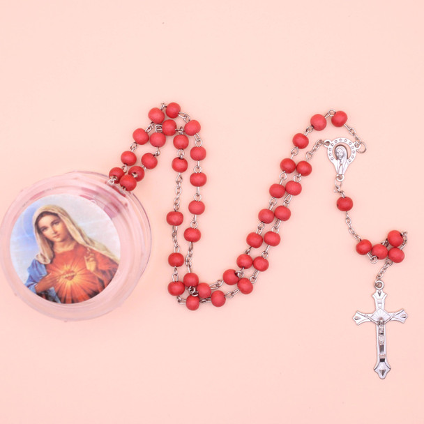 36" Colorful Wood Bead Scented Rosary w/ Silver Cross JESUS Keepsake Bx .68 each 