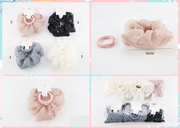 2 Pc Set Pearl Chiffon Scrunchie with Coil Hair Tie .70 each set