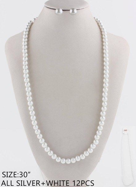 30" All White Pearl Necklace & Earring Jewelry Set .68 each set