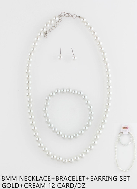 Classic White 8mm Pearl Necklace, Bracelet & Earrings Jewelry Set .68 each set
