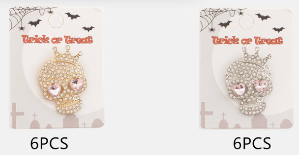 1.6" Halloween Skull w/ Crown Rhinestone Brooch .68 each
