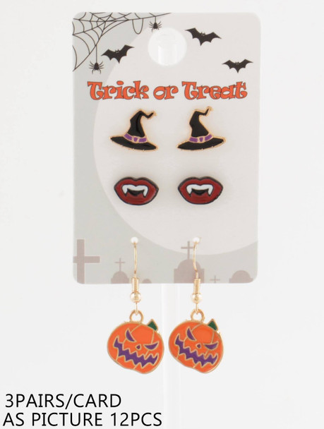 3 Pair Halloween Earring (Pumpkin Dangles + Vampire Lips + Witch Hat Studs) .68 each set
