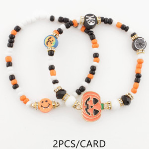 2 Pc Set Pumpkin & Emoji Bead Halloween Stretch Bracelets .68 each set