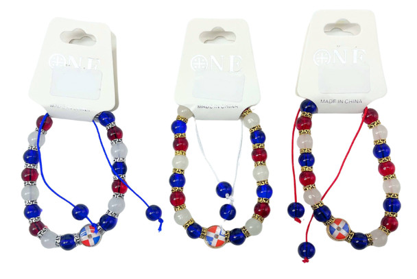 Dominican Republic Flag Beaded Adjustable Bracelet with Red White Blue Glass Beads .68 each