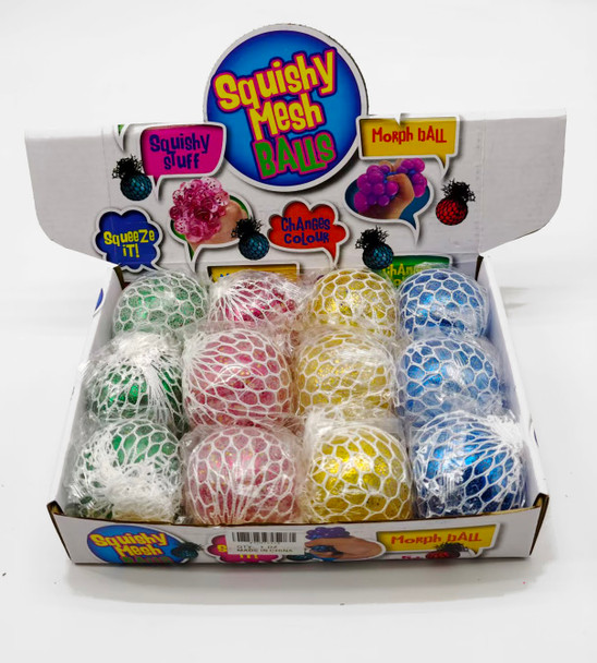 2.5" Mesh Squishy Balls  w/Glitter Inside 12 per display bx .70 each