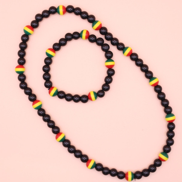 Rasta Colors Black Bead Bracelet & Necklace Set .70 each set