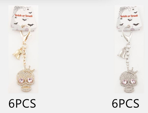 4.3" Halloween Skull w/ Crown & Ghost Rhinestone Keychain .70 each
