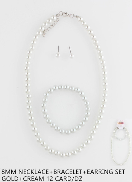 Classic White 8mm Pearl Necklace, Bracelet & Earrings Jewelry Set .70 each set