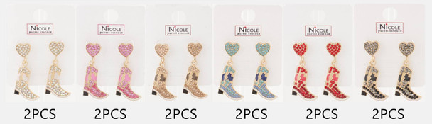 1.6" Rhinestone Cowgirl Boot Drop Earrings with Heart Stud .70 each pair