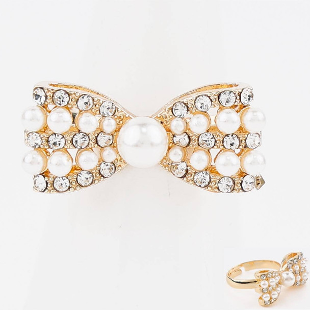 Pearl & Crystal Bow Ring .70 each