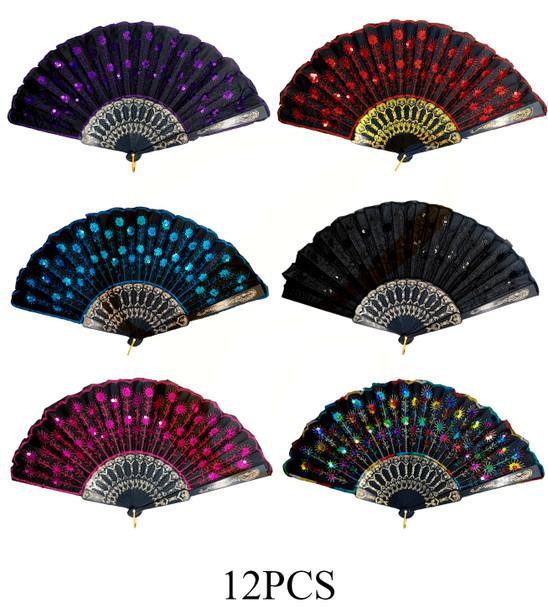 9" Sequin Sunburst Pattern Folding Hand Fan Dark Colors .70 each