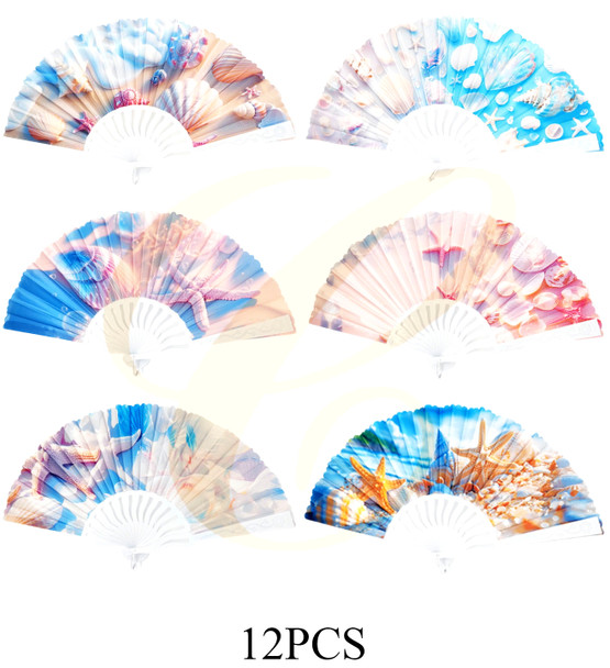 9" Ocean & Seashell Print Folding Hand Fan .70 each