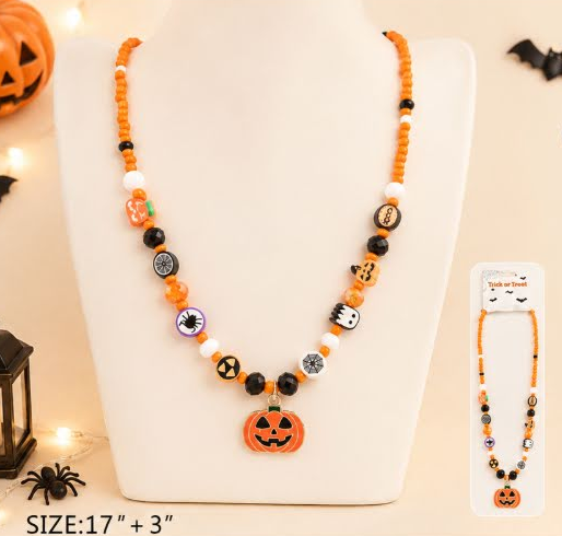 17"+3" Halloween Jack-O'-Lantern Pendant Necklace .70 each