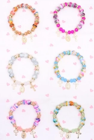 Religious Cross & Virgin Mary Beaded Bracelet .70 each