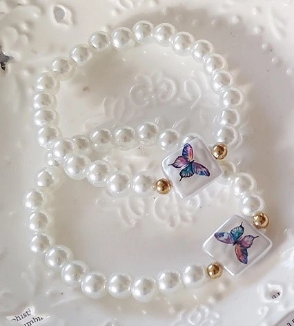 2 Pc Set Pearl Beads w/ Butterfly Painted Bracelet White & Ivory .70 each set