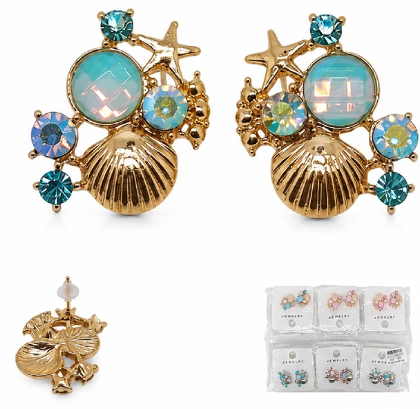 Ocean Seashell & Starfish Crystal Stud Earrings .70 each pair