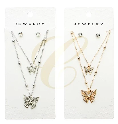 16"-18" Layered Butterfly Gold & Silver Necklace Set w/ Stud Earrings .70 each set