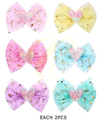 6.1" Girls Glitter Heart Tulle Bow Hair Clip .70 each