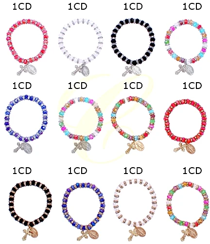 Crystal Beaded Religious Cross & Medal Stretch Bracelet .70 each