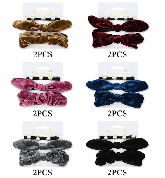 3 Pc Velvet Scrunchie, Bow Ponytail Holder & Pearl Hair Tie Set .70 each set