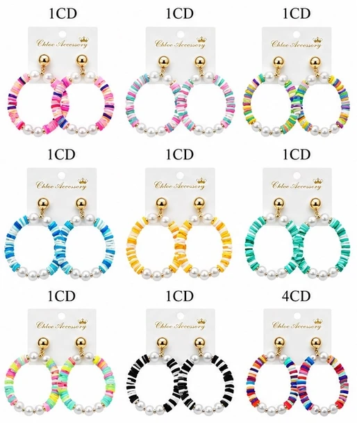 2.4" Rainbow Heishi Bead & Pearl Hoop Earrings .70 each pair
