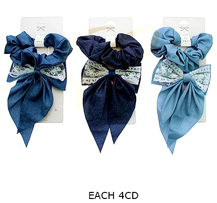 2 Pc Set Denim Look Scrunchie & Lace Bow Hair Clip .70 each set