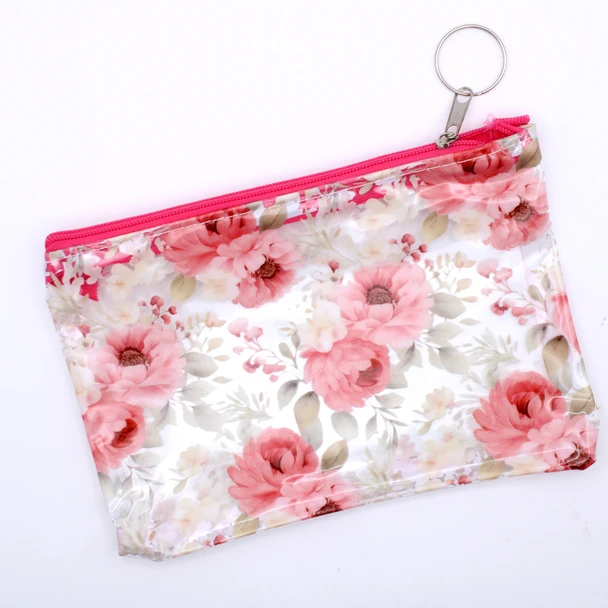 7" Floral Clear Zipper Cosmetic Pouch with Key Ring .70 each