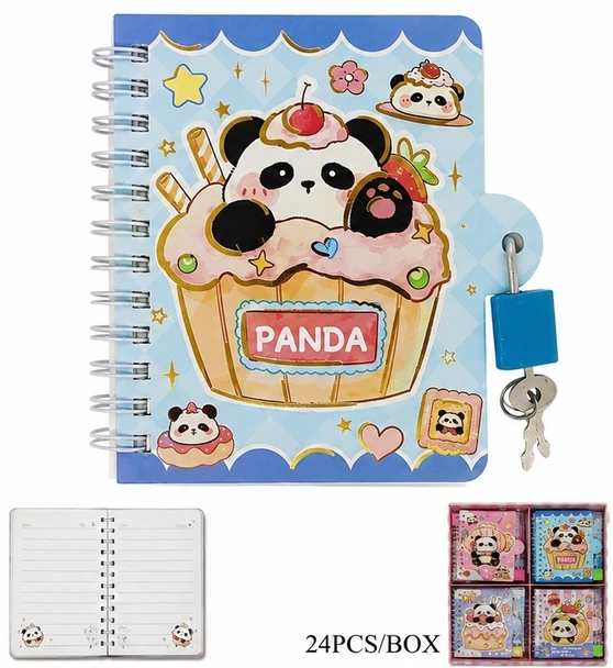Cute Panda Lock & Key Spiral Diary / Notebook 24 pcs per display box .75 each