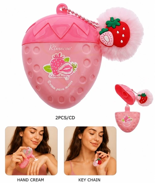 Strawberry Hand Cream Keychain with Pom-Pom 12 pcs per display box $1.50 each